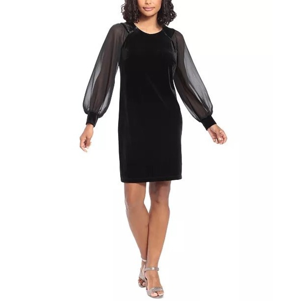 London Times Woman Black Velvet Shift Dress Sheer Long Sleeves Size 16W Holiday